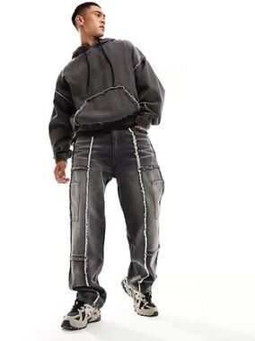 ASOS 
Straight leg jeans  Men's Black Washed Patchwork Cargo Jeans SZ 40